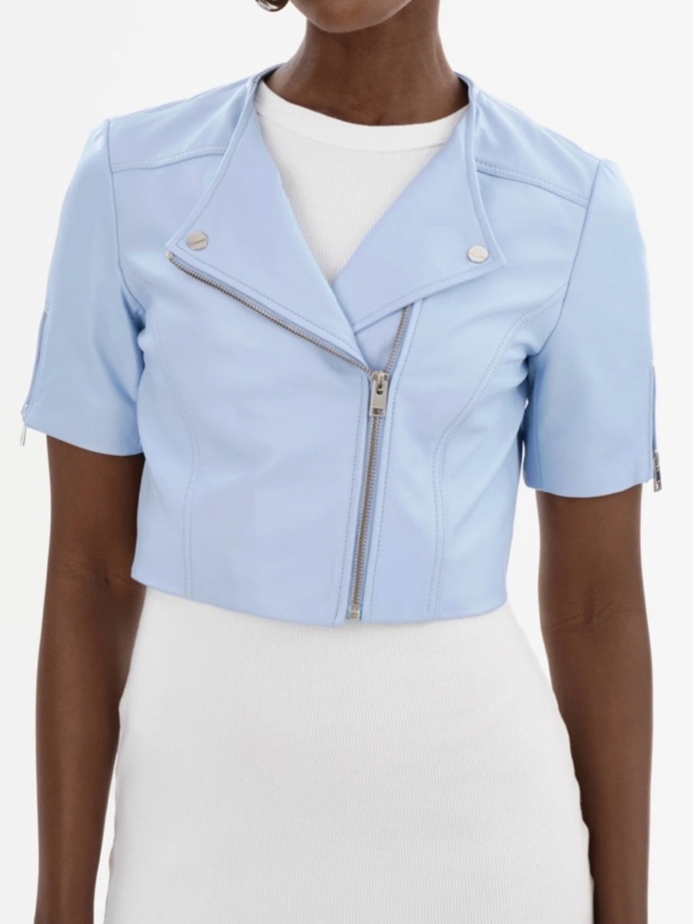 Lamarque Kirsi Cropped Leather Moto Biker Jacket in Cool Blue Sz Small NWOT